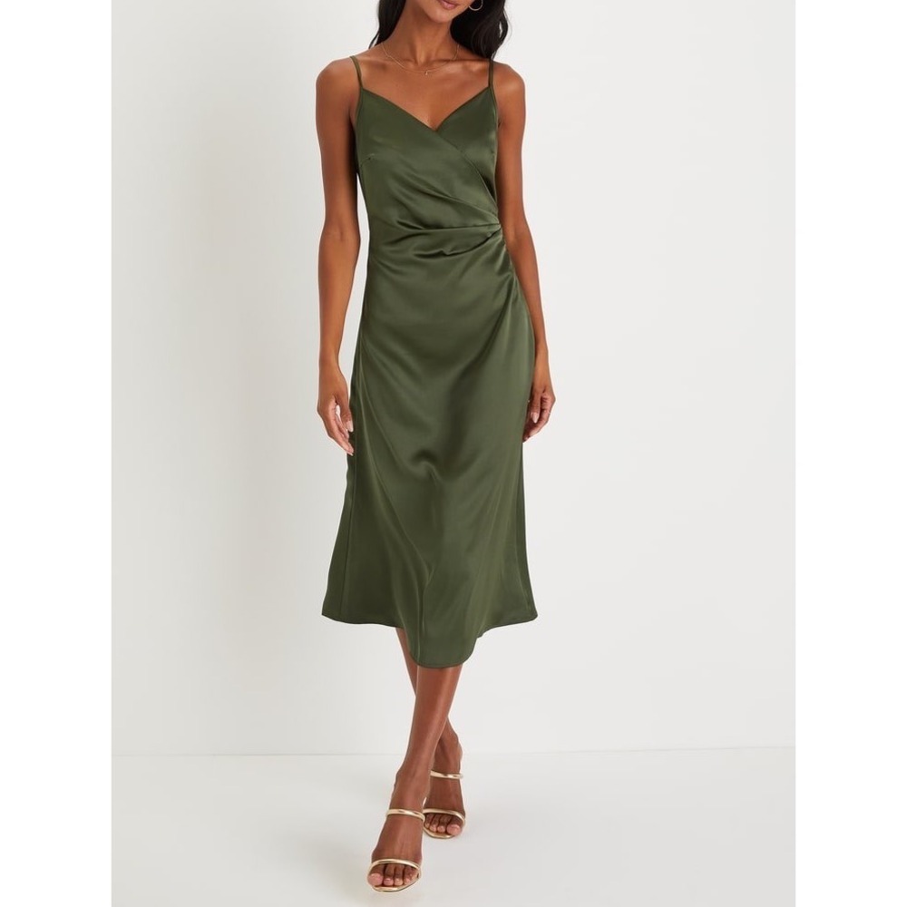 NWT Lulus Simplicity of Love Olive Green Satin A-Line Midi Dress Small